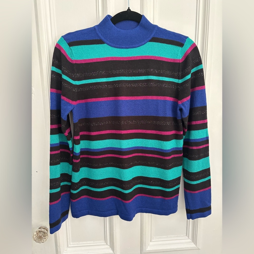 Alia Striped Vintage Mock Neck Sweater Teal Black Fuchsia Blue Glitter